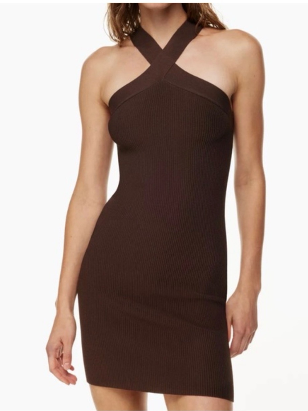 NWT. ARITZIA Babaton Sculpt Knit Criss-Cross Bodycon Mini Dress Brown Size Small